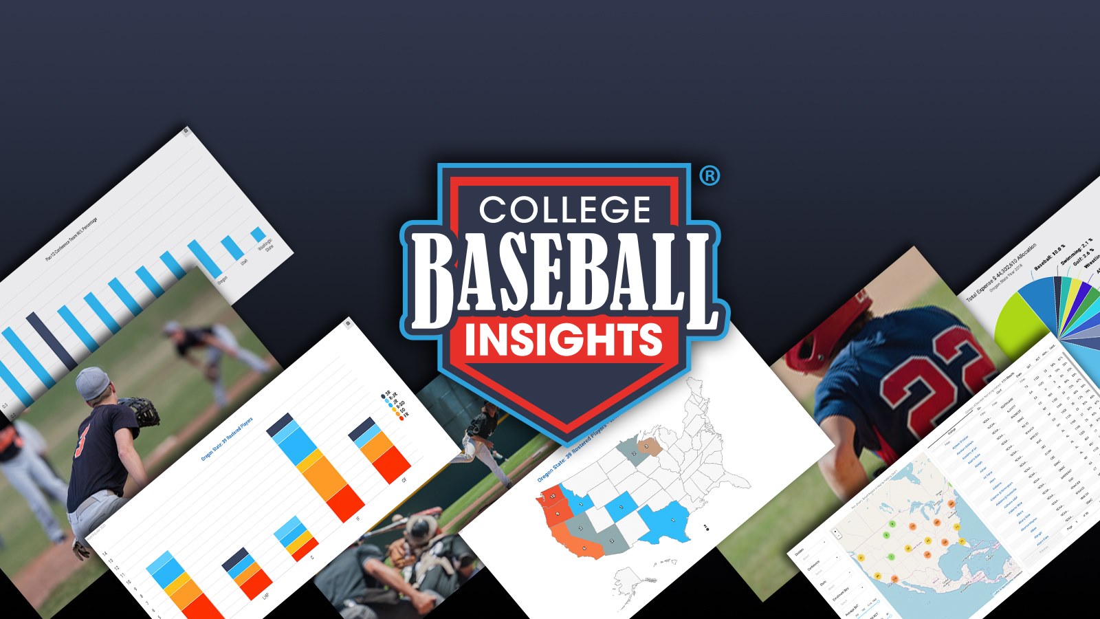 College Baseball Insights logo over top of some data graphs from the software