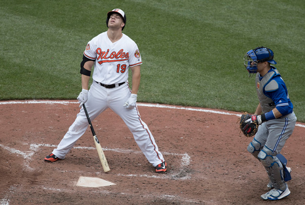Orioles Chris Davis looks up to the sky while taking a big breath and resting his bat is on the ground while standing in the batters box.