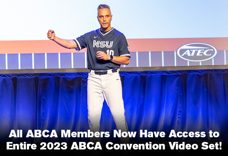 Nova Southeastern Head Coach speaking in blue uniform with NSU across chest at 2023 ABCA Convention