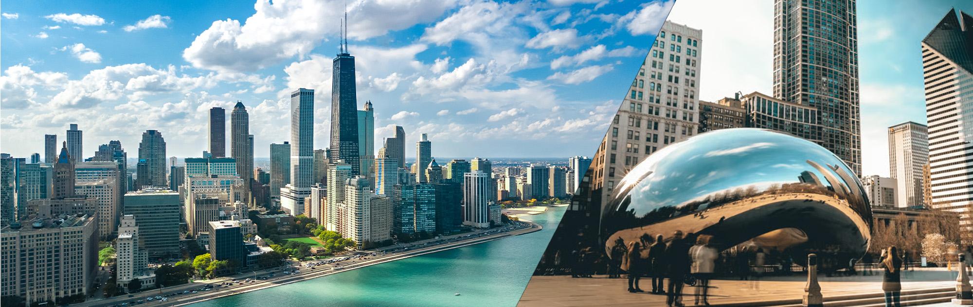 Chicago skyline on the left and the Chicago Bean attraction on the right
