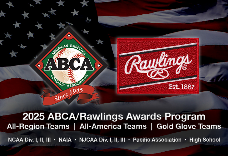 Rawlings & ABCA Logos in front of an American Flag with text stating the awards, which are All-Region, All-America & Gold Glove